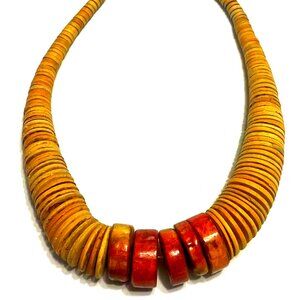 80s Stunning Ethnic Wood Disc and Epoxy Seed Bead STATEMENT Necklace